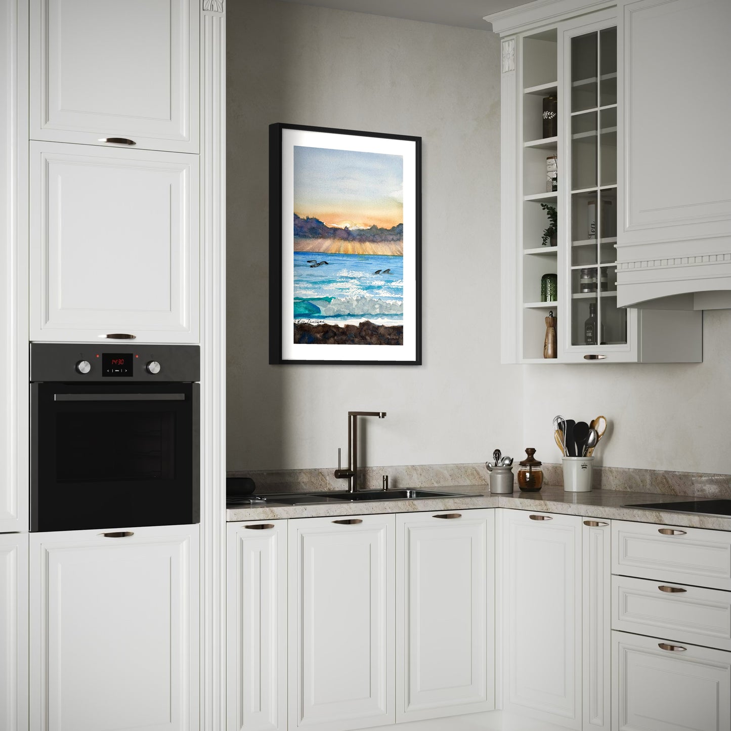 Sunrise Seascape with Gull and Dolphins Original Watercolor Painting