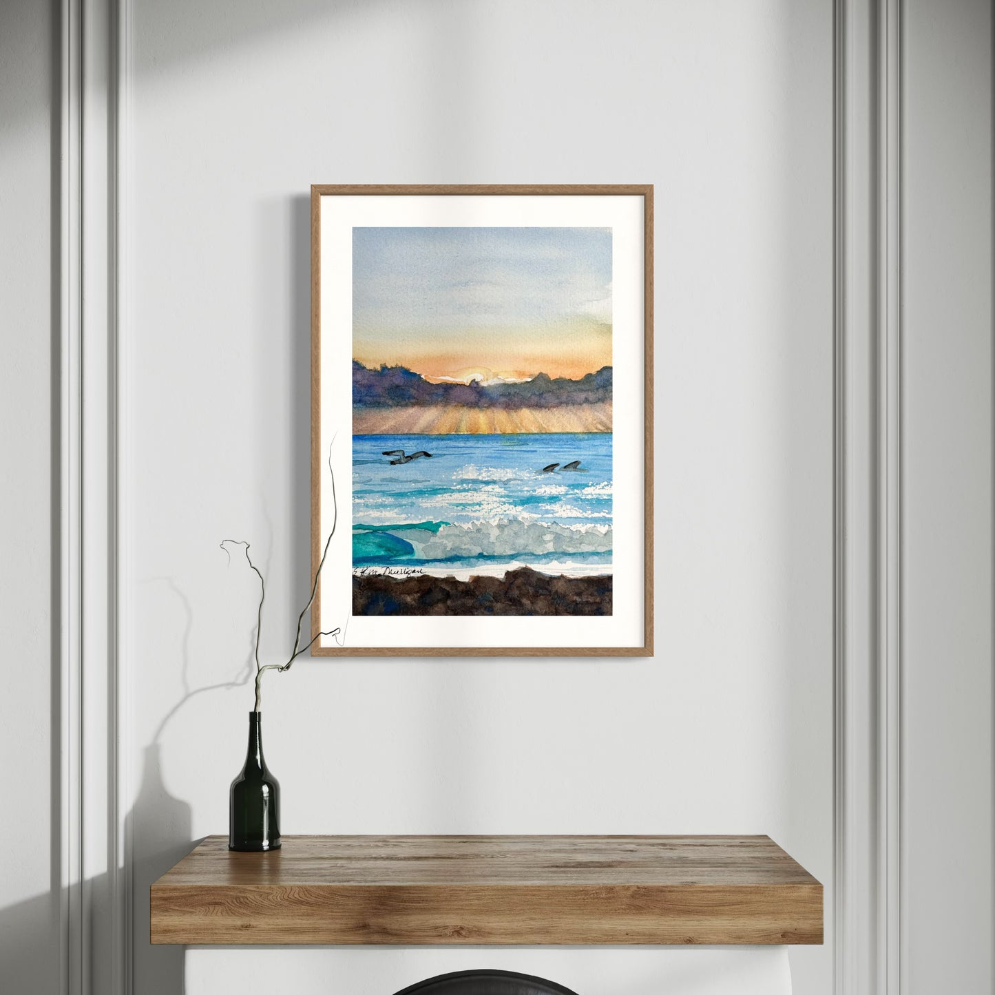 Sunrise Seascape with Gull and Dolphins Original Watercolor Painting