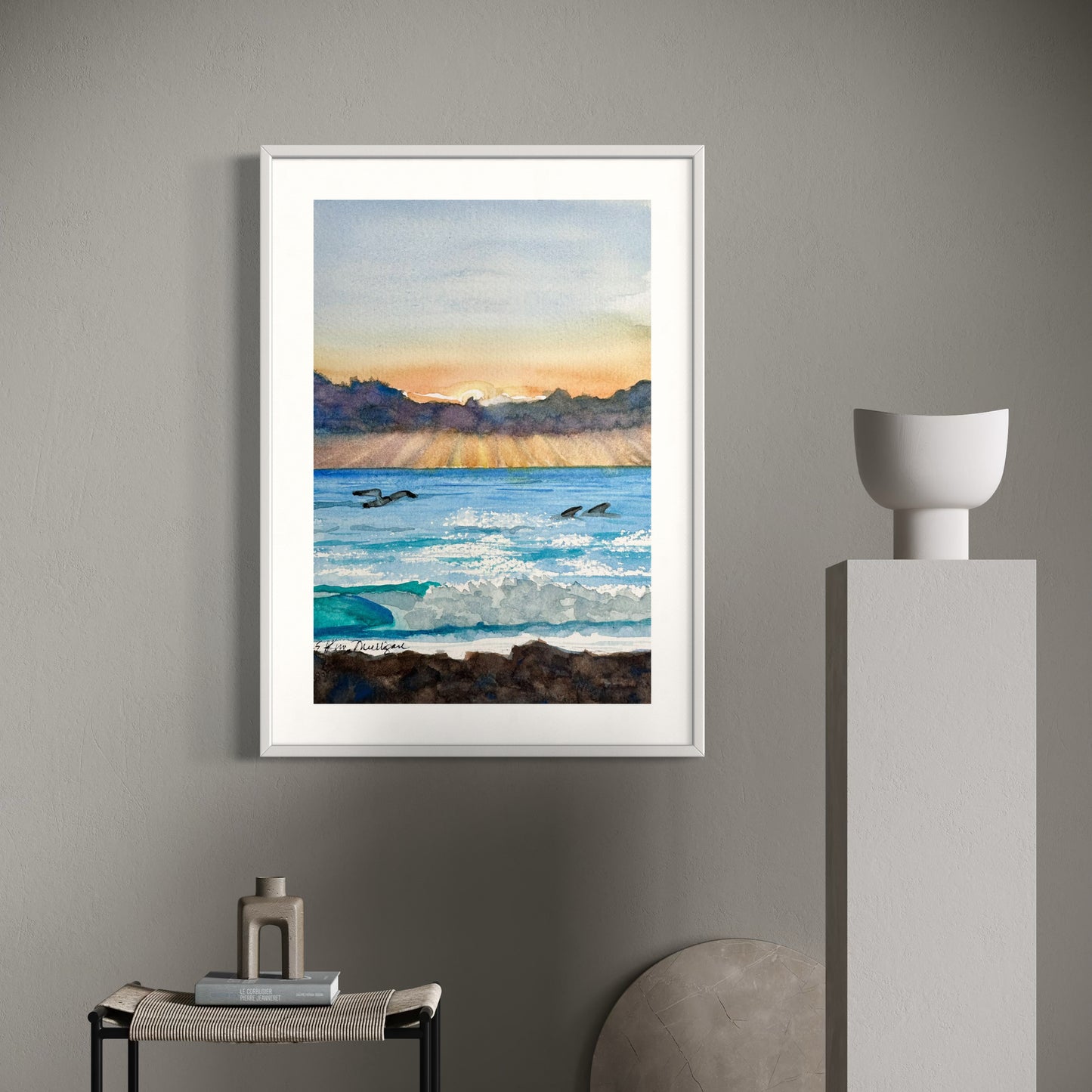 Sunrise Seascape with Gull and Dolphins Original Watercolor Painting