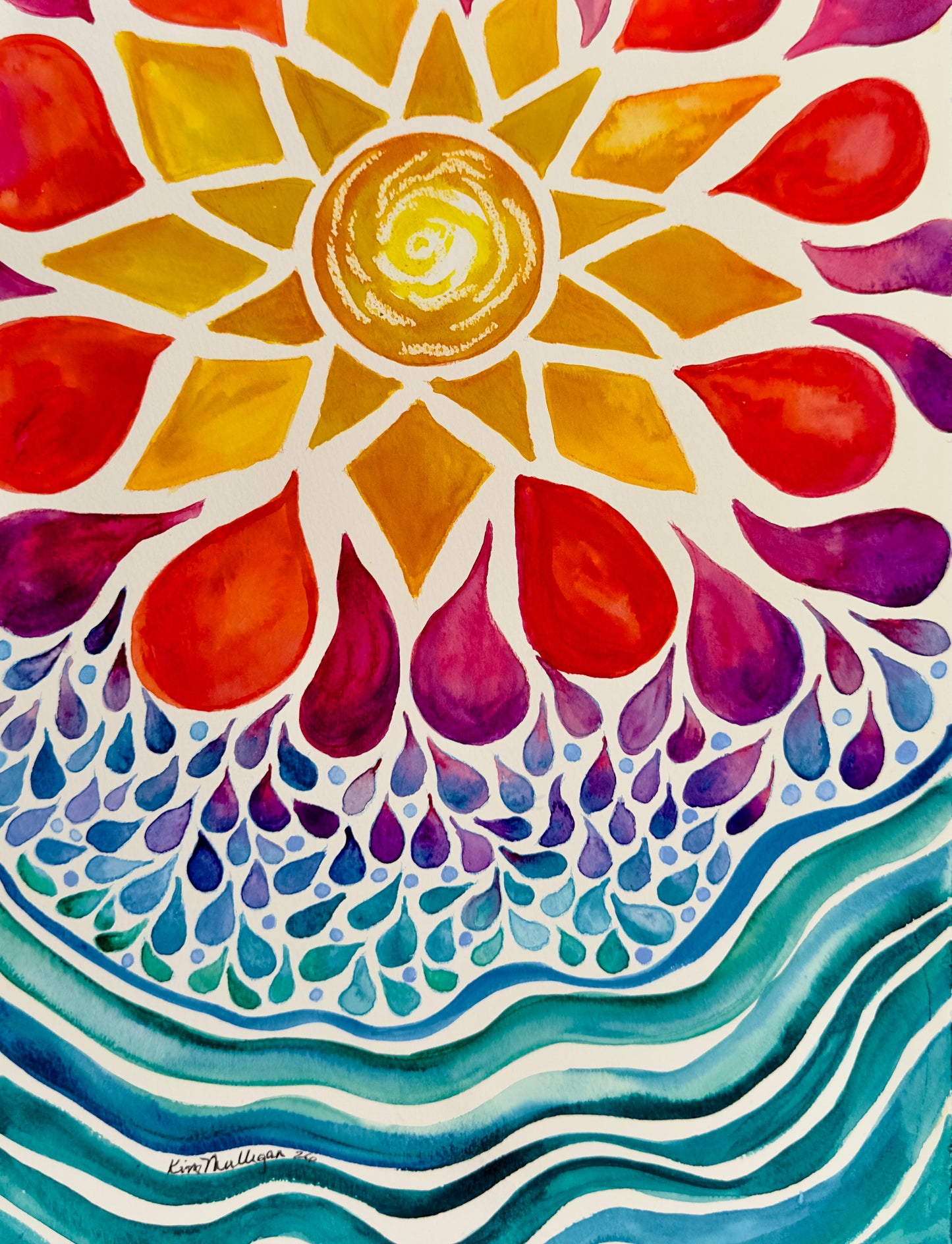 A colorful abstract floral and wave artwork on a cream background, featuring a yellow and orange sunburst with red, purple, and pink teardrop shapes above layered blue and teal wavy lines. Signed by artist Kim Nelson near the lower left.