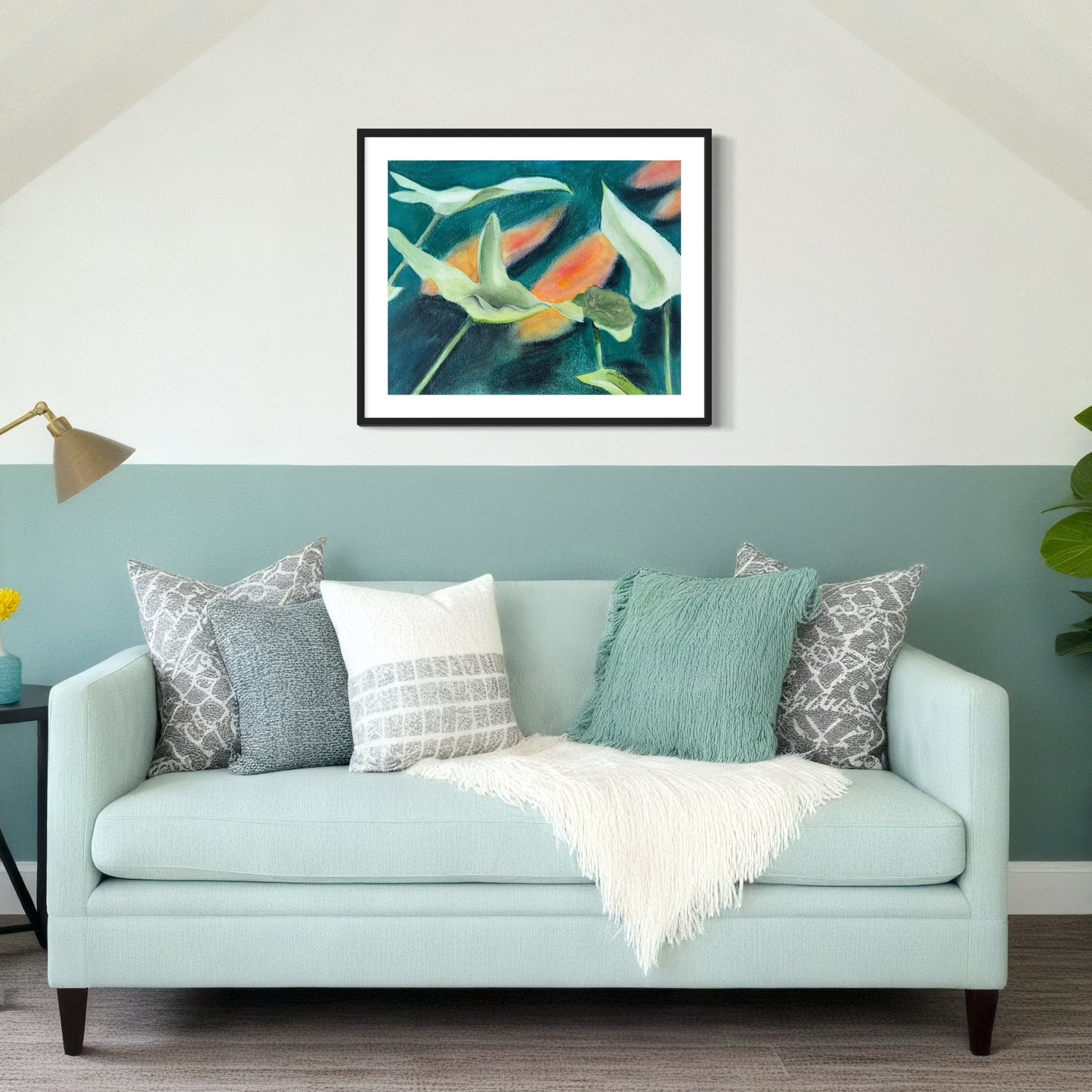 Pastel painting of gold fish in dark turquoise water with arrow plant leaves in the foreground.
