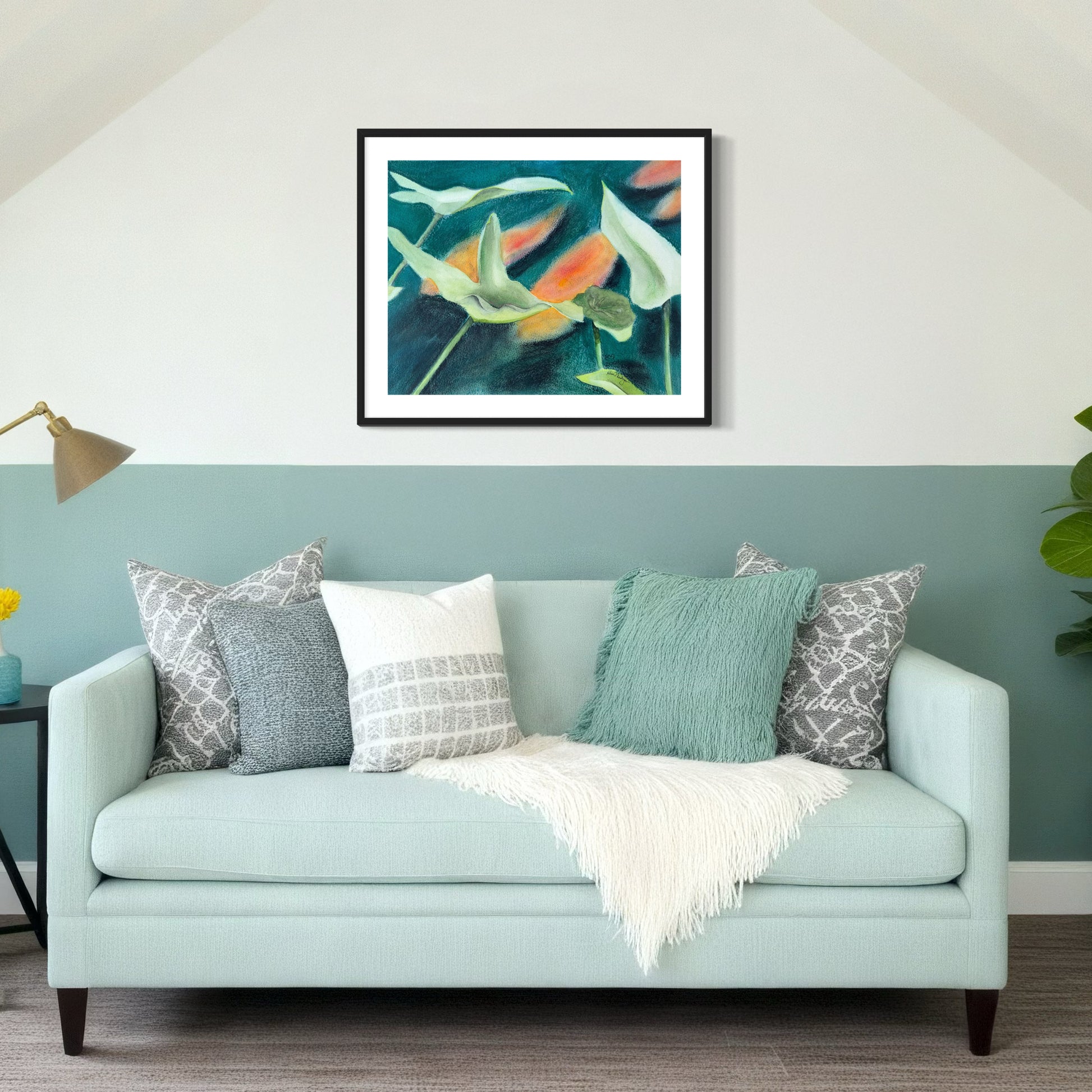 Pastel painting of gold fish in dark turquoise water with arrow plant leaves in the foreground.