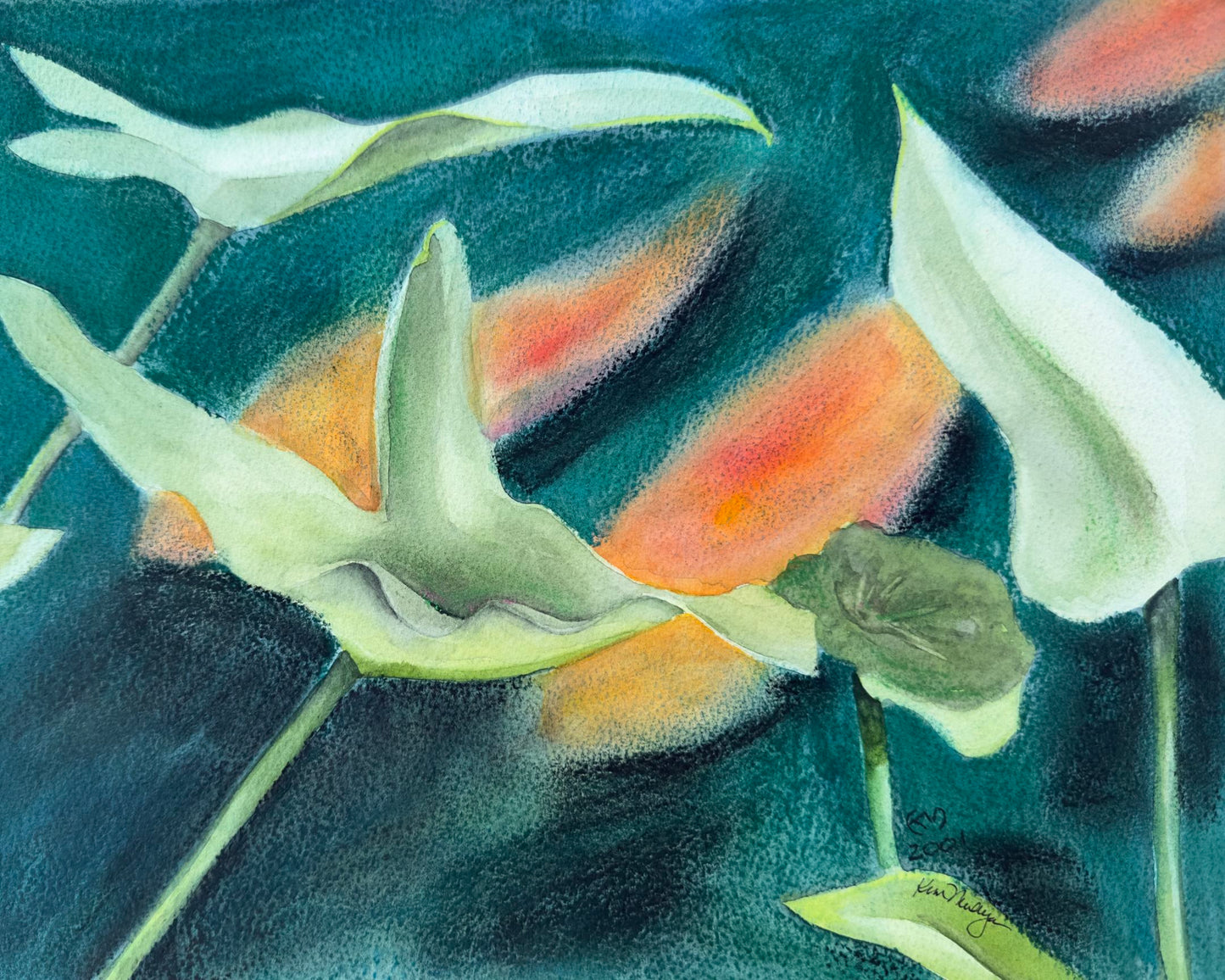 Pastel painting of gold fish in dark turquoise water with arrow plant leaves in the foreground.