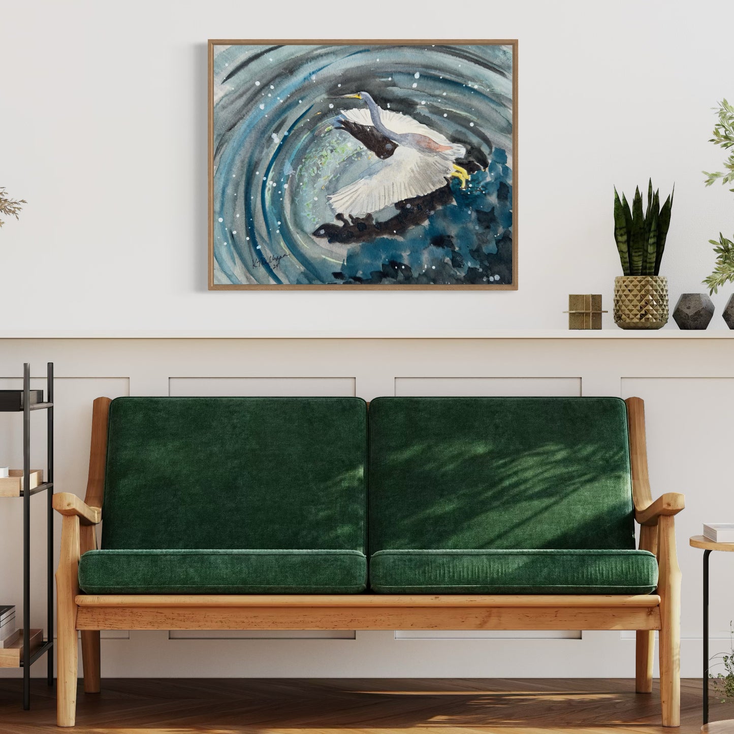 Print of Great Blue Heron Lifting Off Watercolor Painting