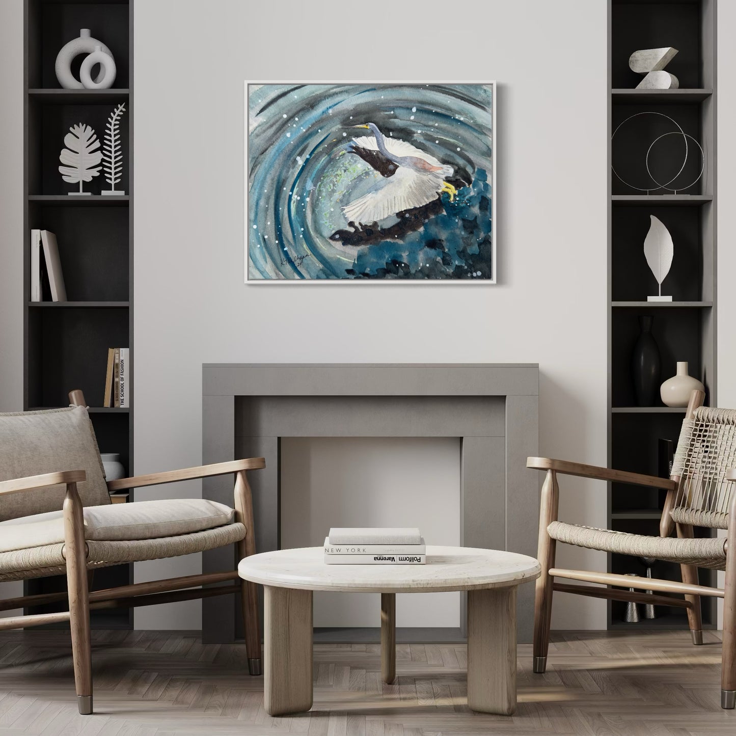 Print of Great Blue Heron Lifting Off Watercolor Painting