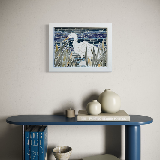 Egret Mosaic Wall Art | Coastal Bird Decor Made with Recycled Tile