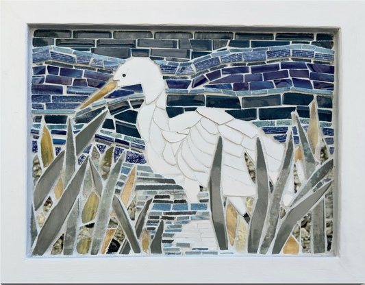Egret Mosaic Wall Art | Coastal Bird Decor Made with Recycled Tile