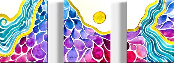 A three-panel abstract wall art set featuring colorful watercolor-like teardrop and wave patterns in blue, purple, pink, yellow, and turquoise on a white background.