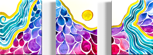 A three-panel abstract wall art set featuring colorful watercolor-like teardrop and wave patterns in blue, purple, pink, yellow, and turquoise on a white background.