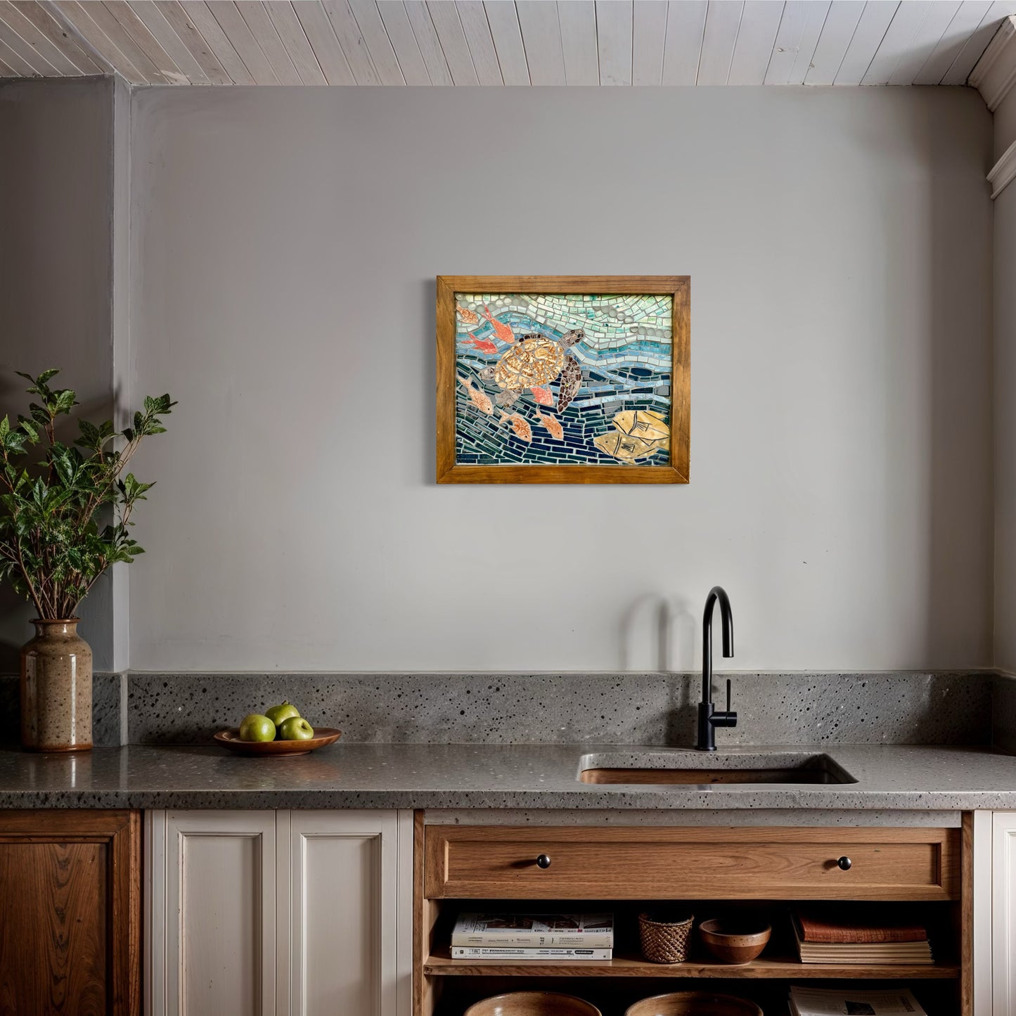 Framed Mosaic sea turtle  artwork with colorful fish