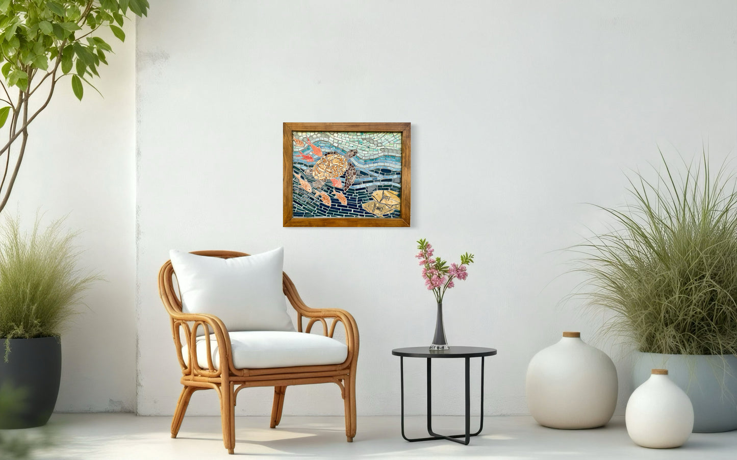 Handcrafted Mosaic Underwater Scene Wall Art with Sea Turtle and Fish -21.5x17.5"