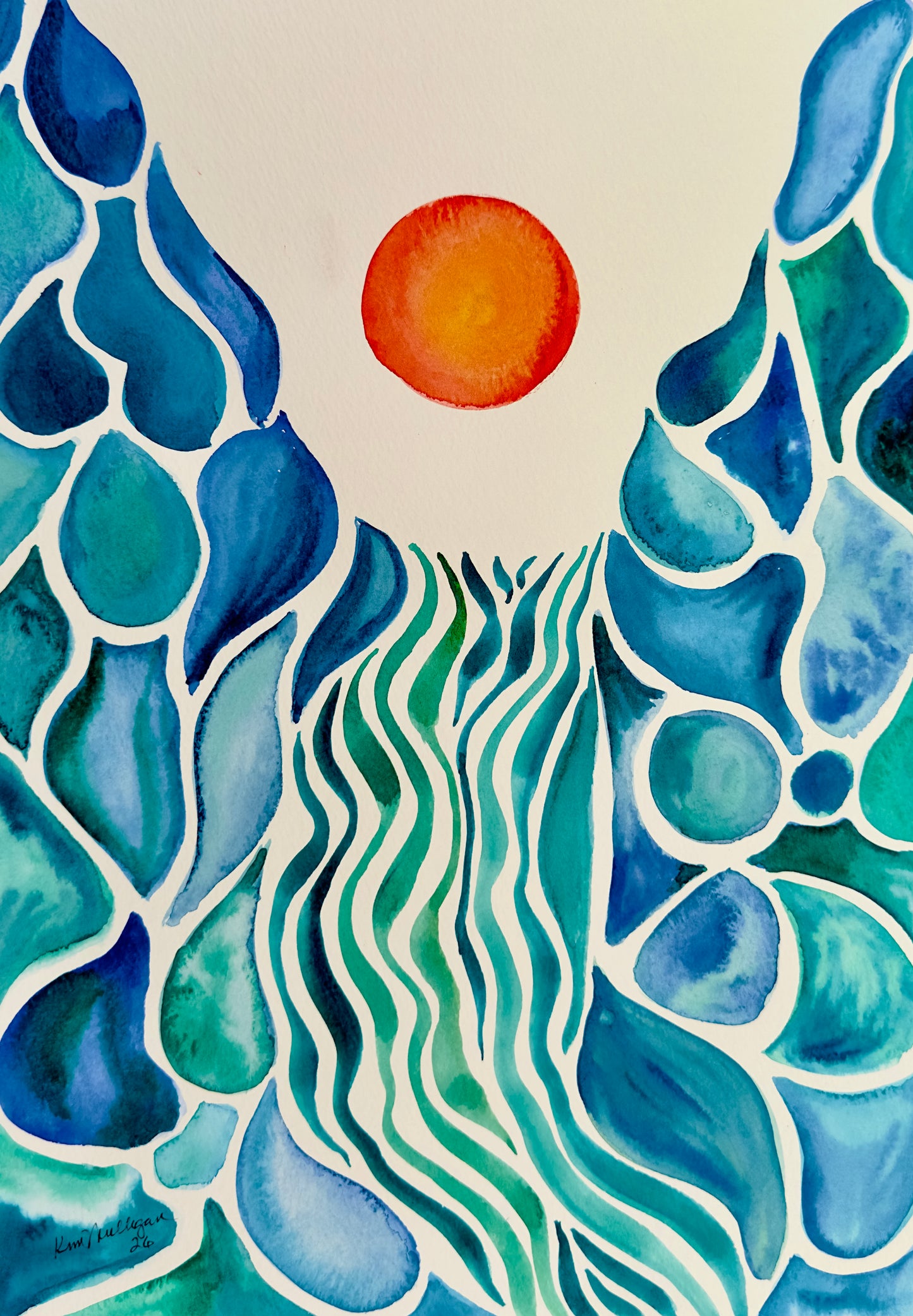 Watercolor art print featuring a stylized landscape with a bright orange sun, blue and teal mountain-like forms, and flowing green and blue water channels on a white background.