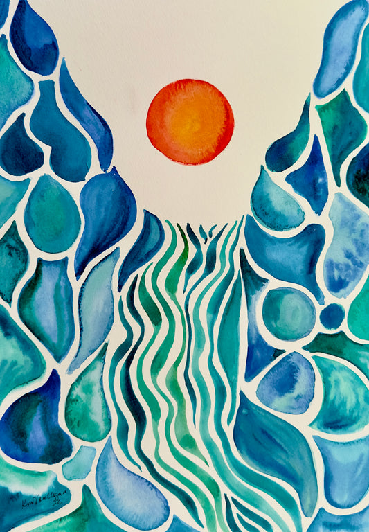 Watercolor art print featuring a stylized landscape with a bright orange sun, blue and teal mountain-like forms, and flowing green and blue water channels on a white background.