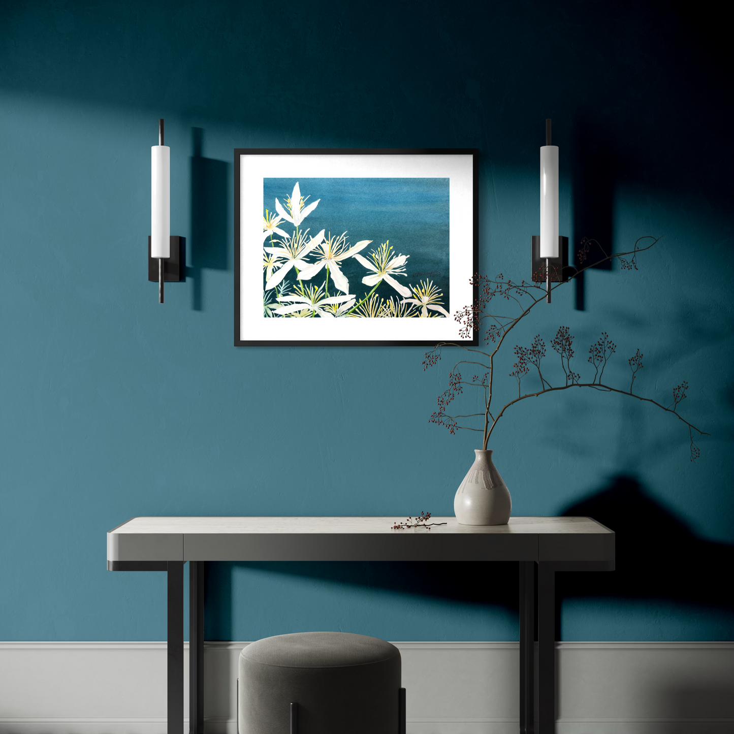 Print of White Clematis Flowers Watercolor Painting