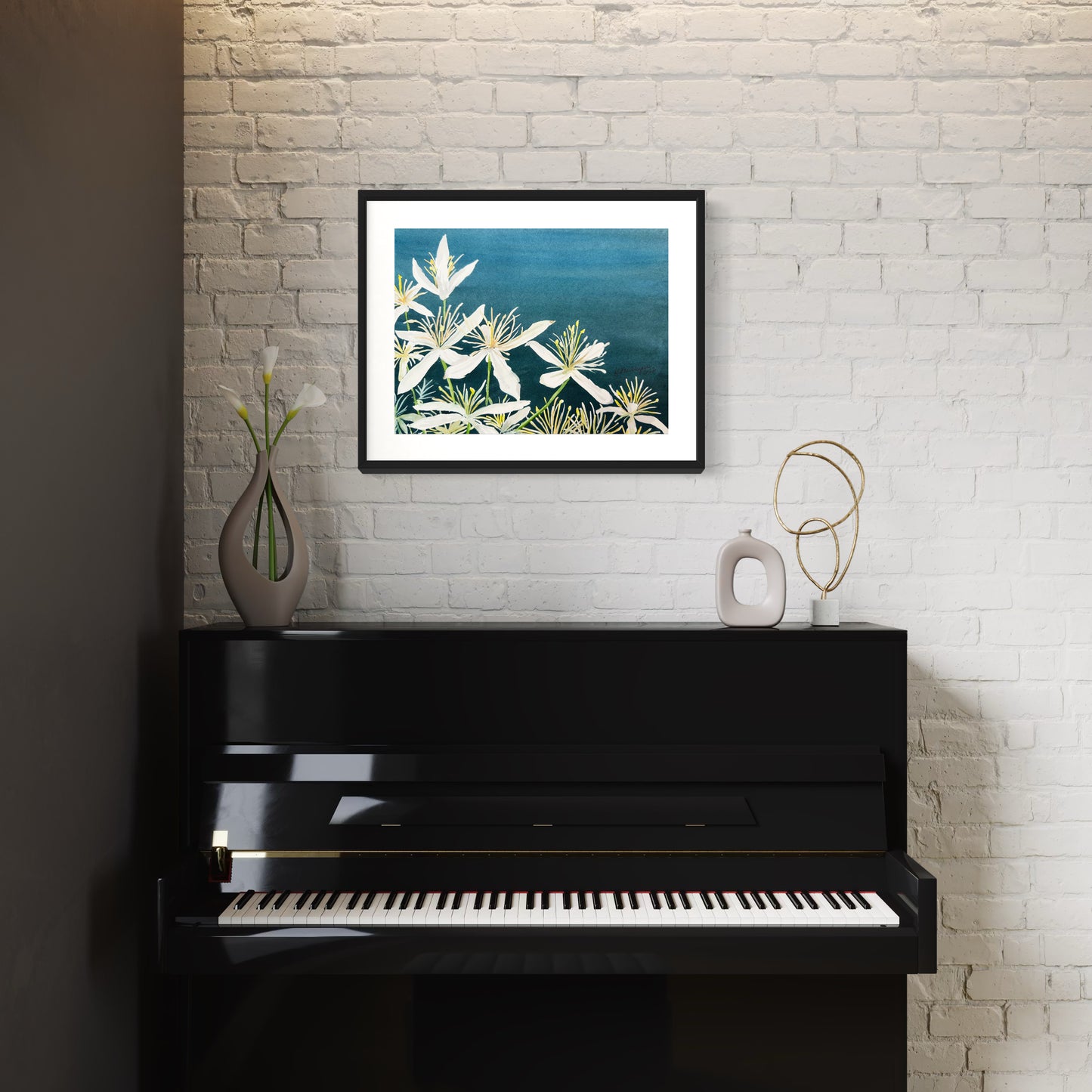 White Clematis Flowers Original Watercolor Painting