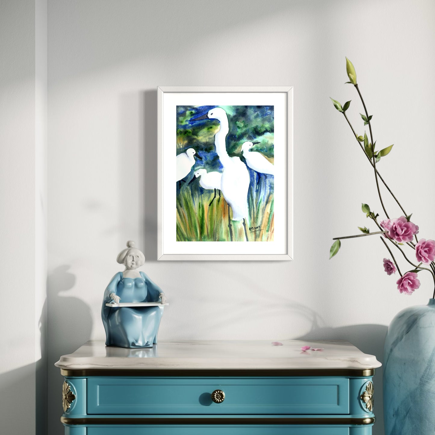 White Egrets Original Watercolor Painting