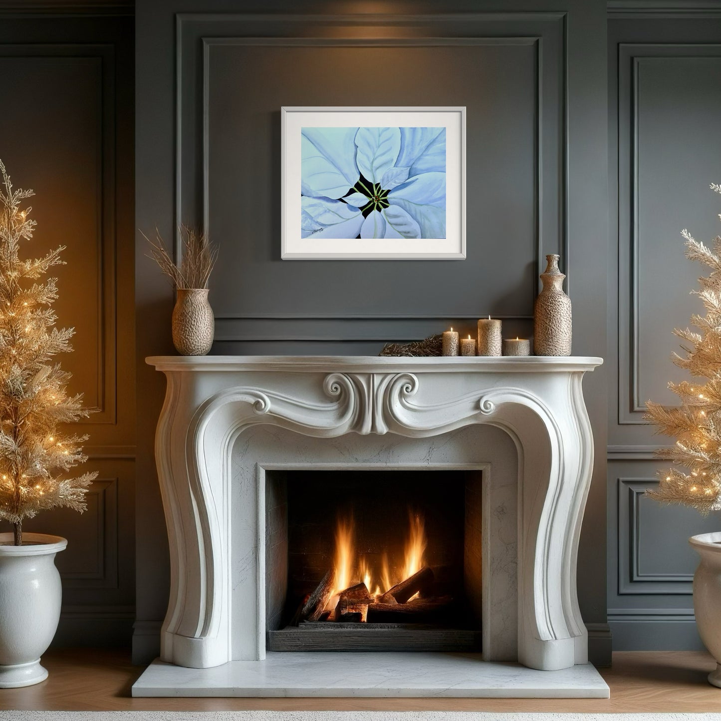 framed watercolor painting of a white poinsettia blossom up close.