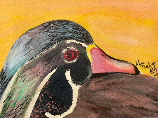 Artistic watercolor painting depiction of a duck's head with a warm background