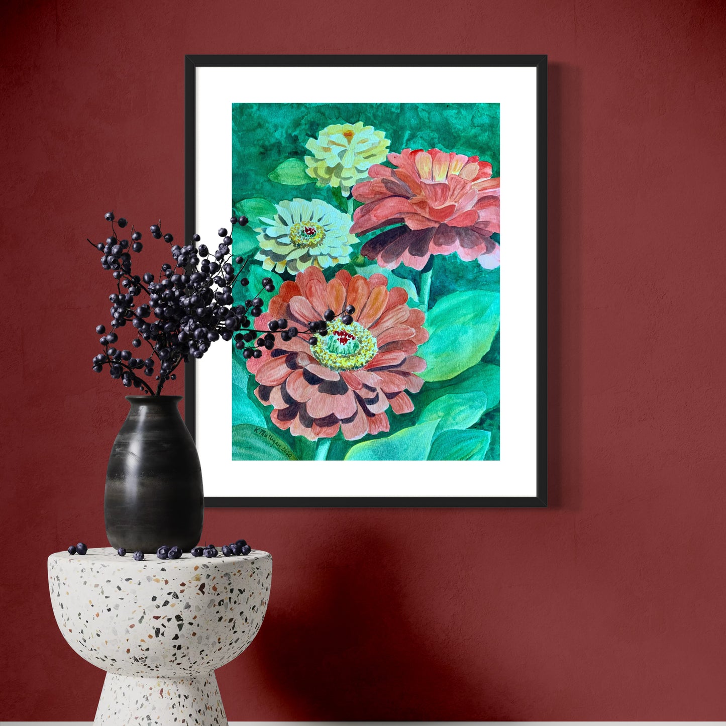 Print of Yellow and Red Zinnias