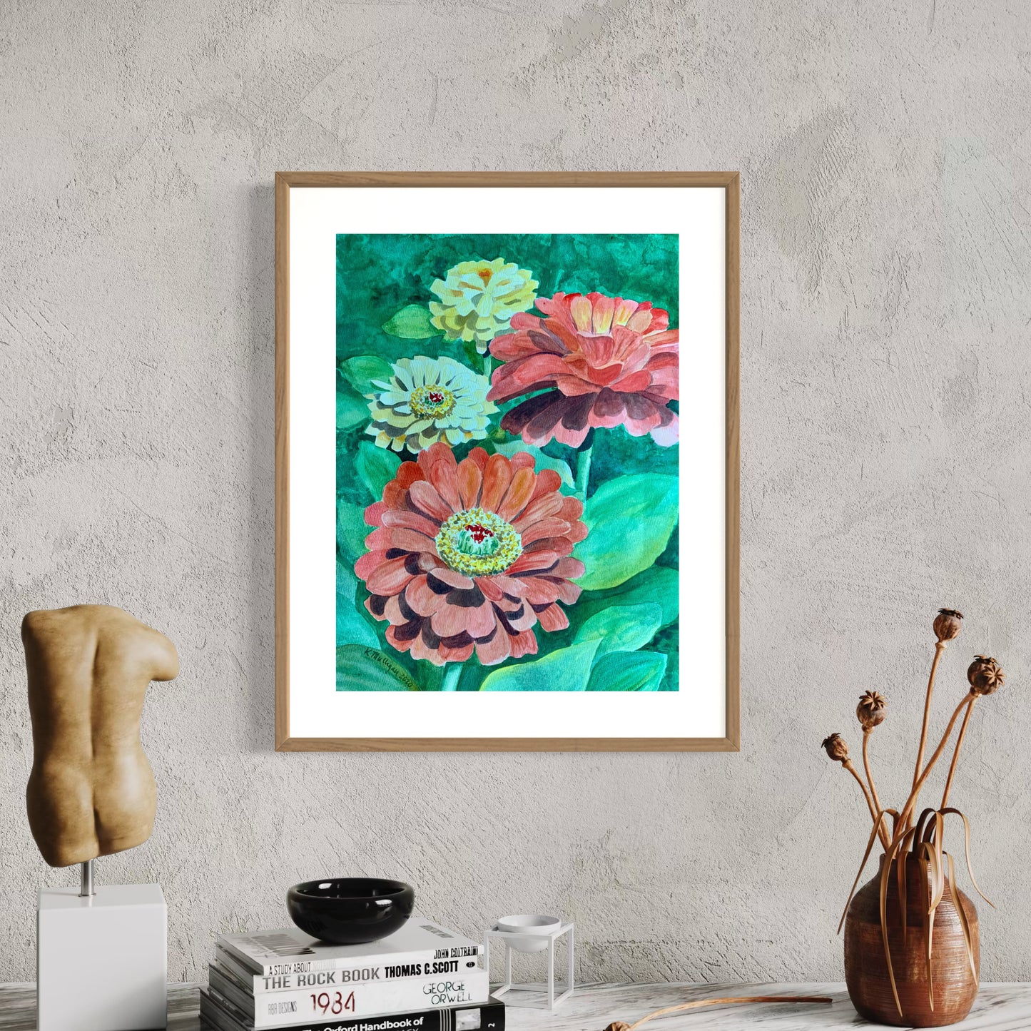 Print of Yellow and Red Zinnias