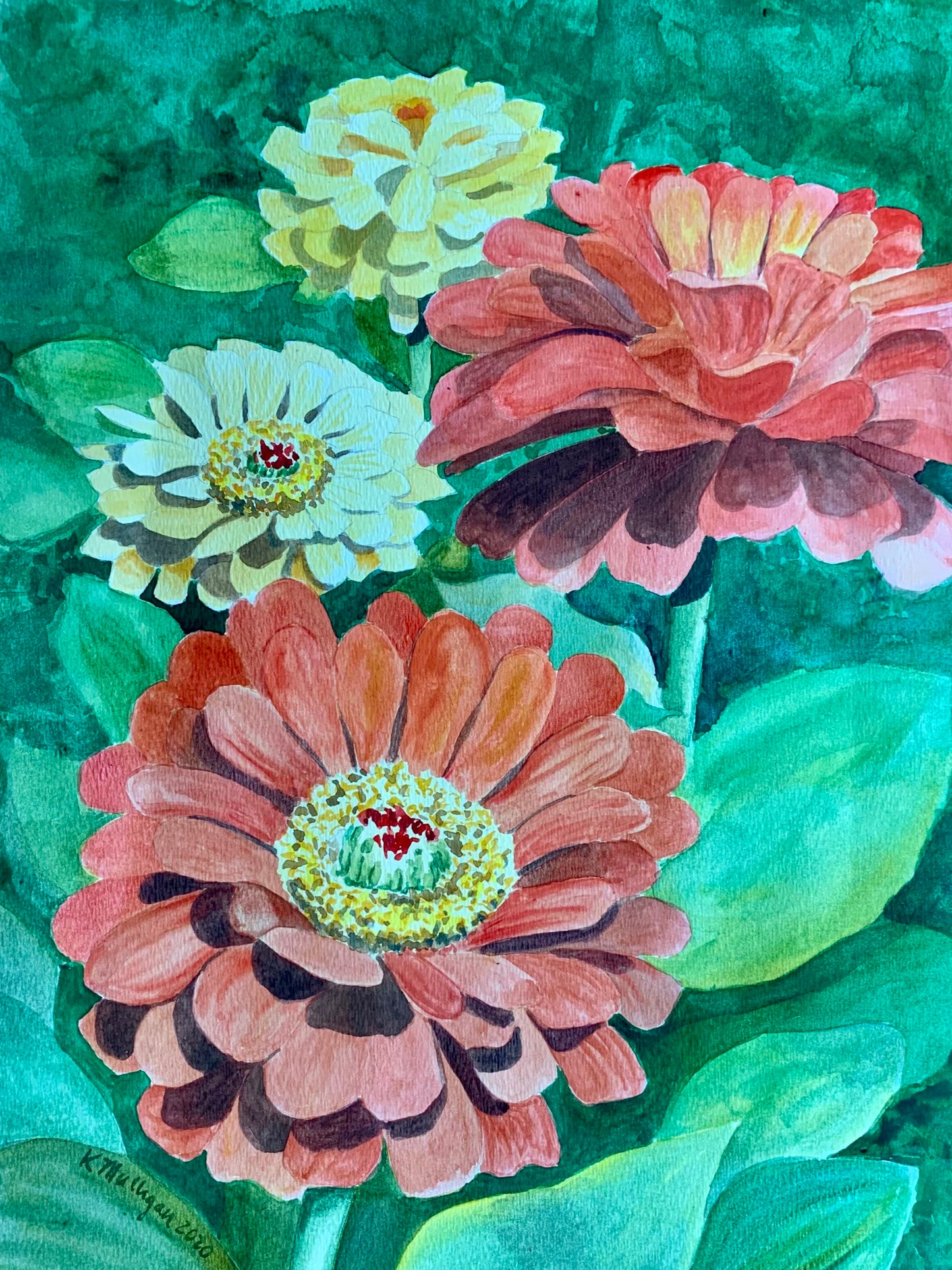 Print of Yellow and Red Zinnias