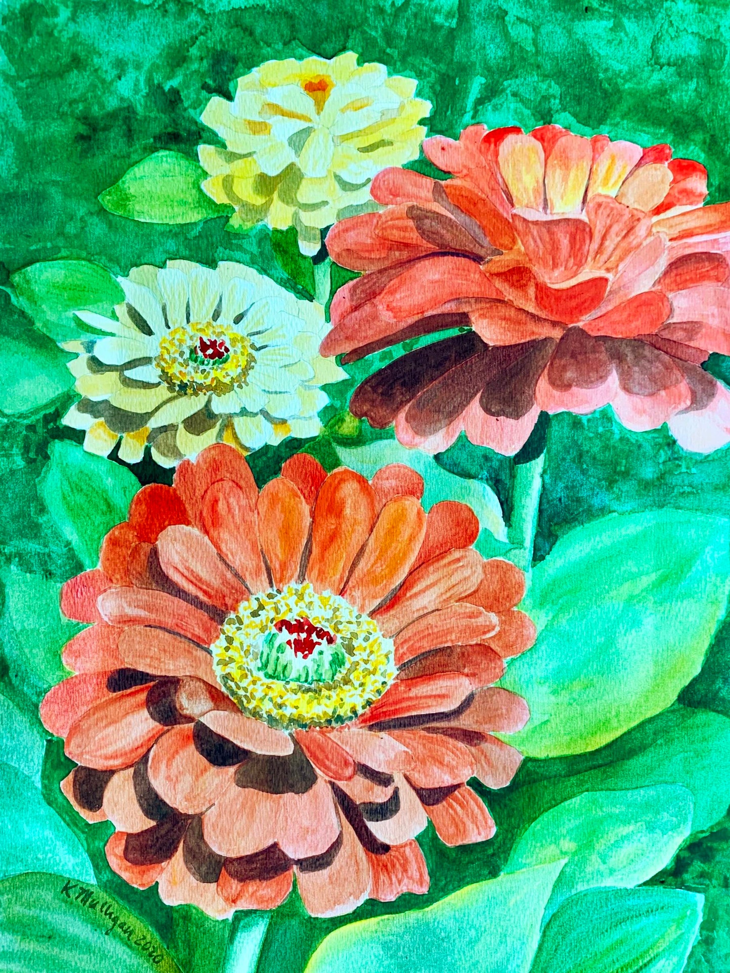 Print of Yellow and Red Zinnias Watercolor Painting