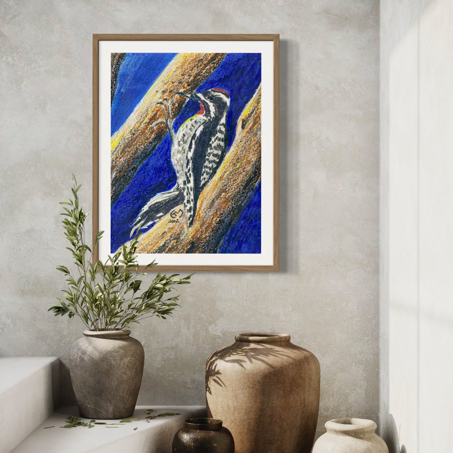Print of Woodpecker Clinging to Tree Mixed Media Painting