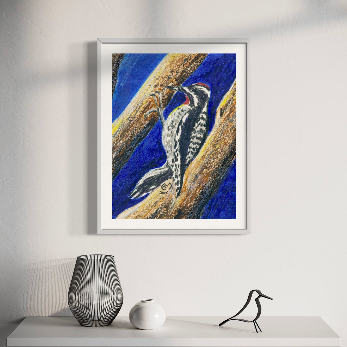 Print of Woodpecker Clinging to Tree Mixed Media Painting