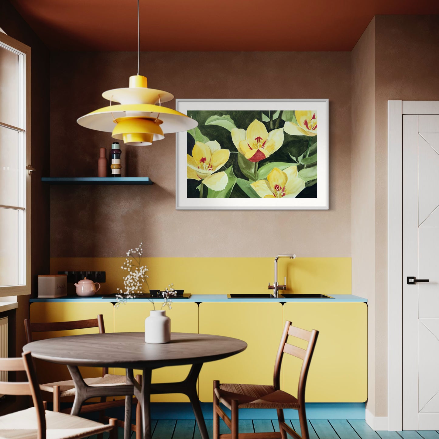 Print of Yellow and Red Tulips Watercolor Painting