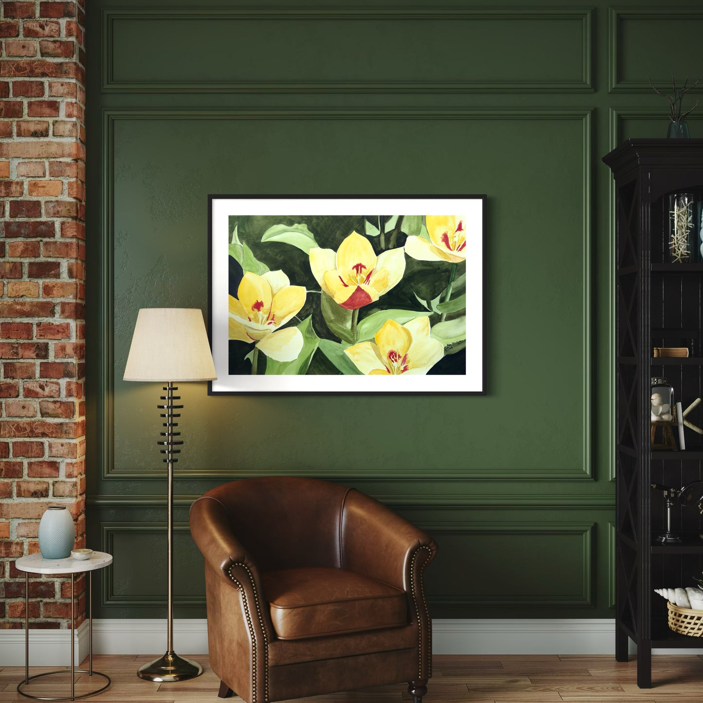 Framed watercolor artwork of yellow and red tulip flowers on a green background.