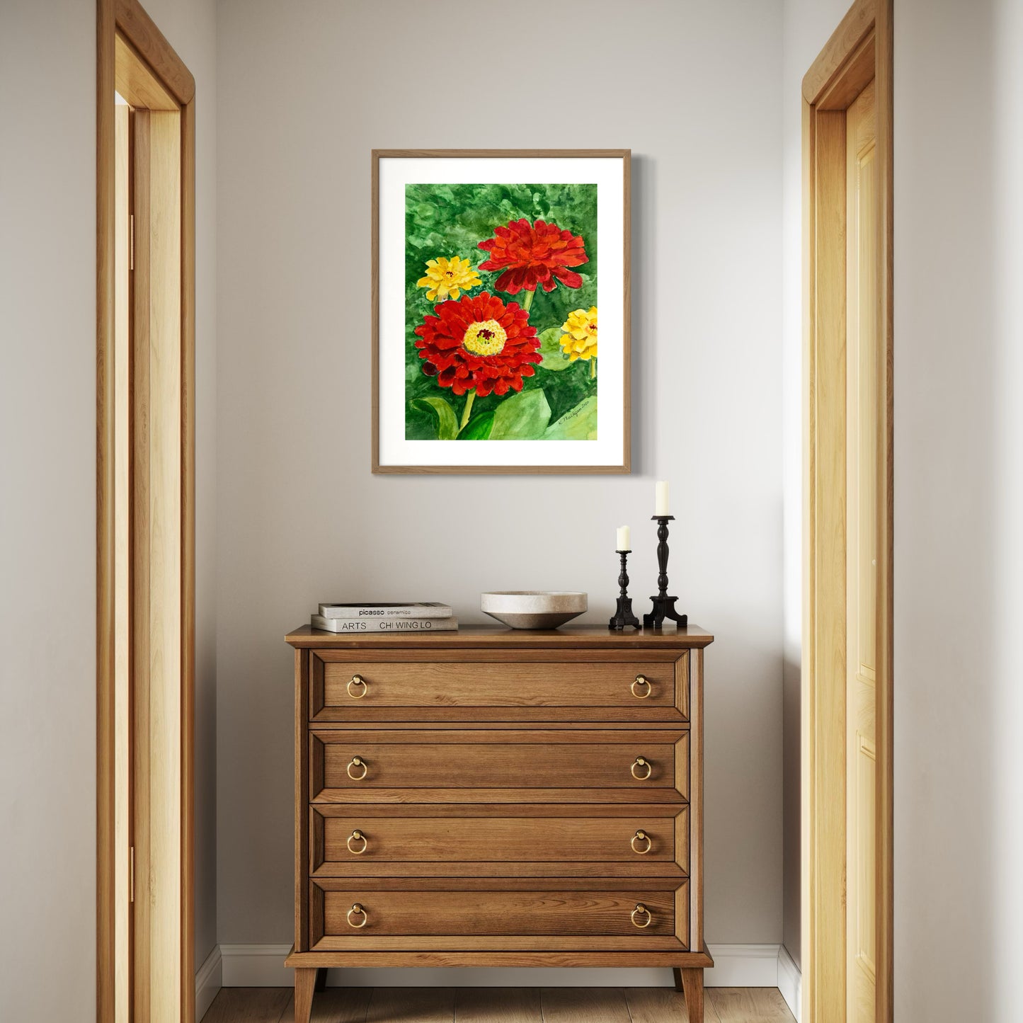 Red and Yellow Zinnias Original Watercolor Painting