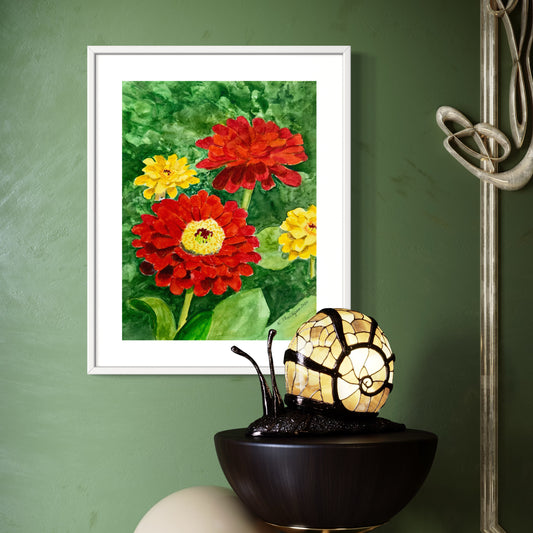 Print of Red and Yellow Zinnias