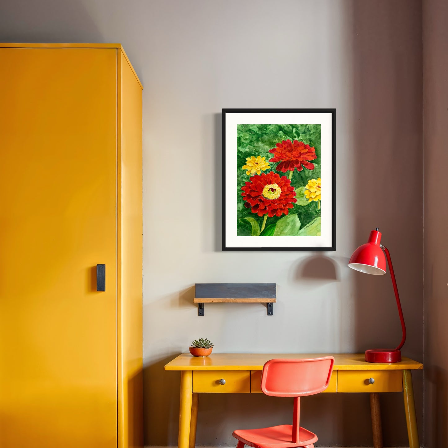 Red and Yellow Zinnias Original Watercolor Painting