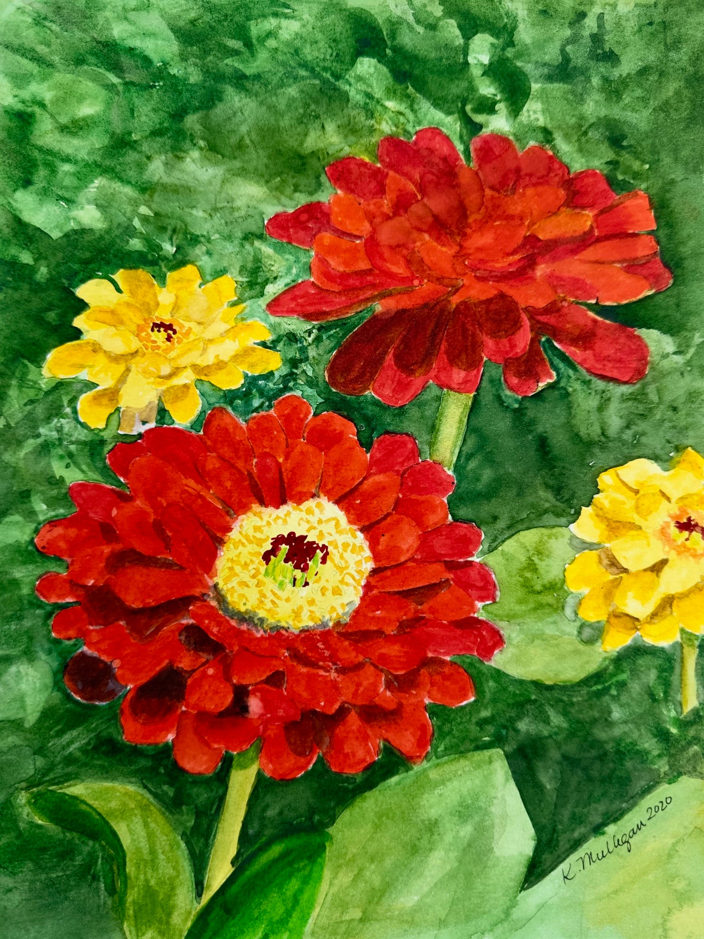 watercolor painting of yellow and red zinnia flowers with green leaves.