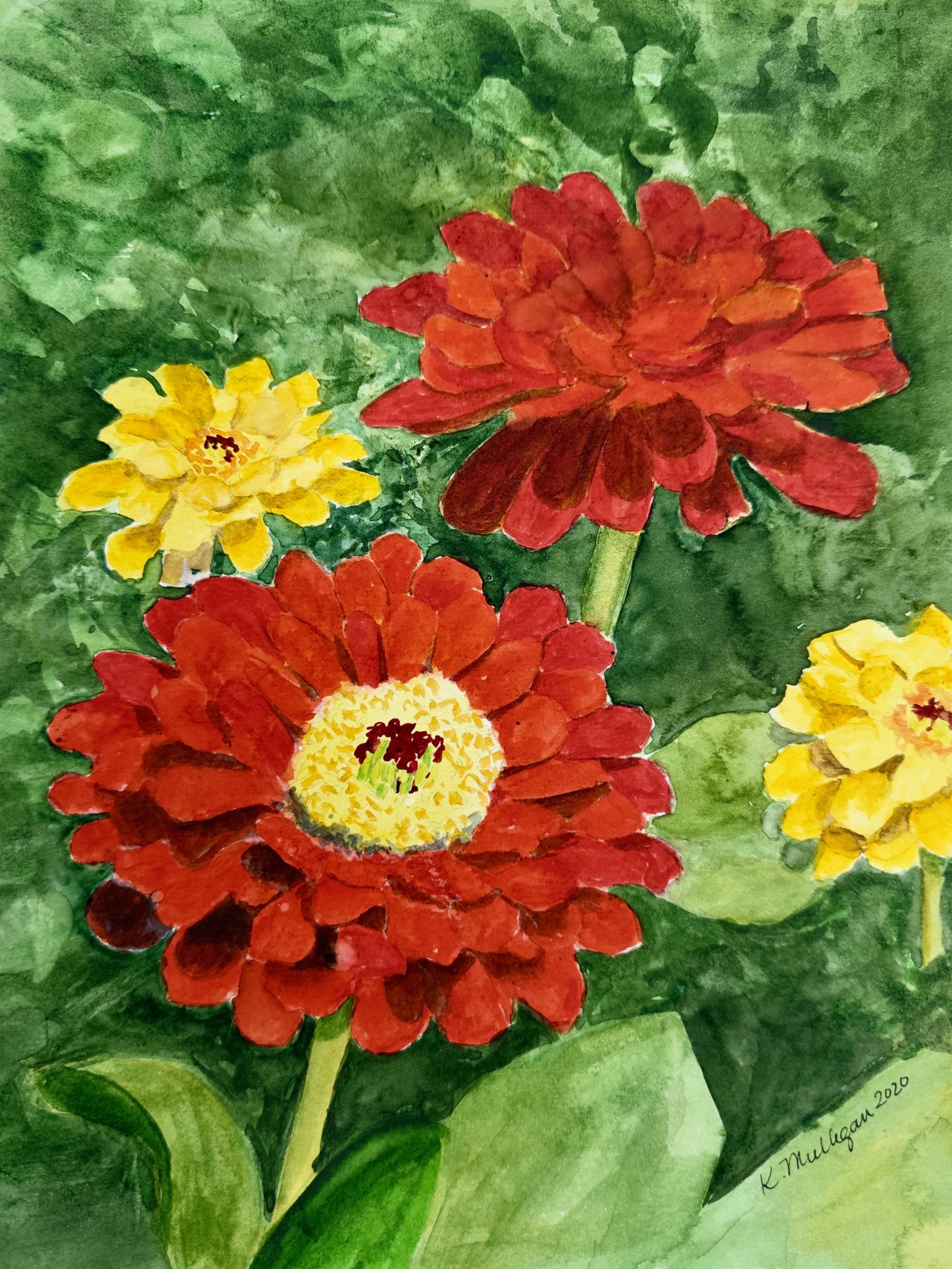 watercolor painting of yellow and red zinnia flowers with green leaves.